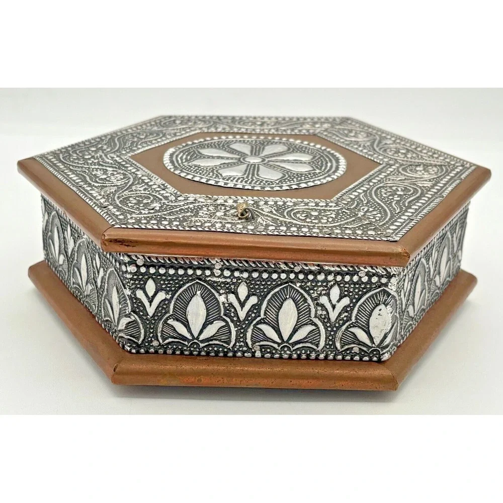 Vintage Embossed Silver Copper & Metal Hexagonal Trinket Box 4 Compartment